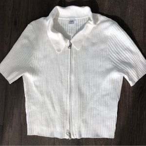 Cropped short sleeve cardigan with johnny collar